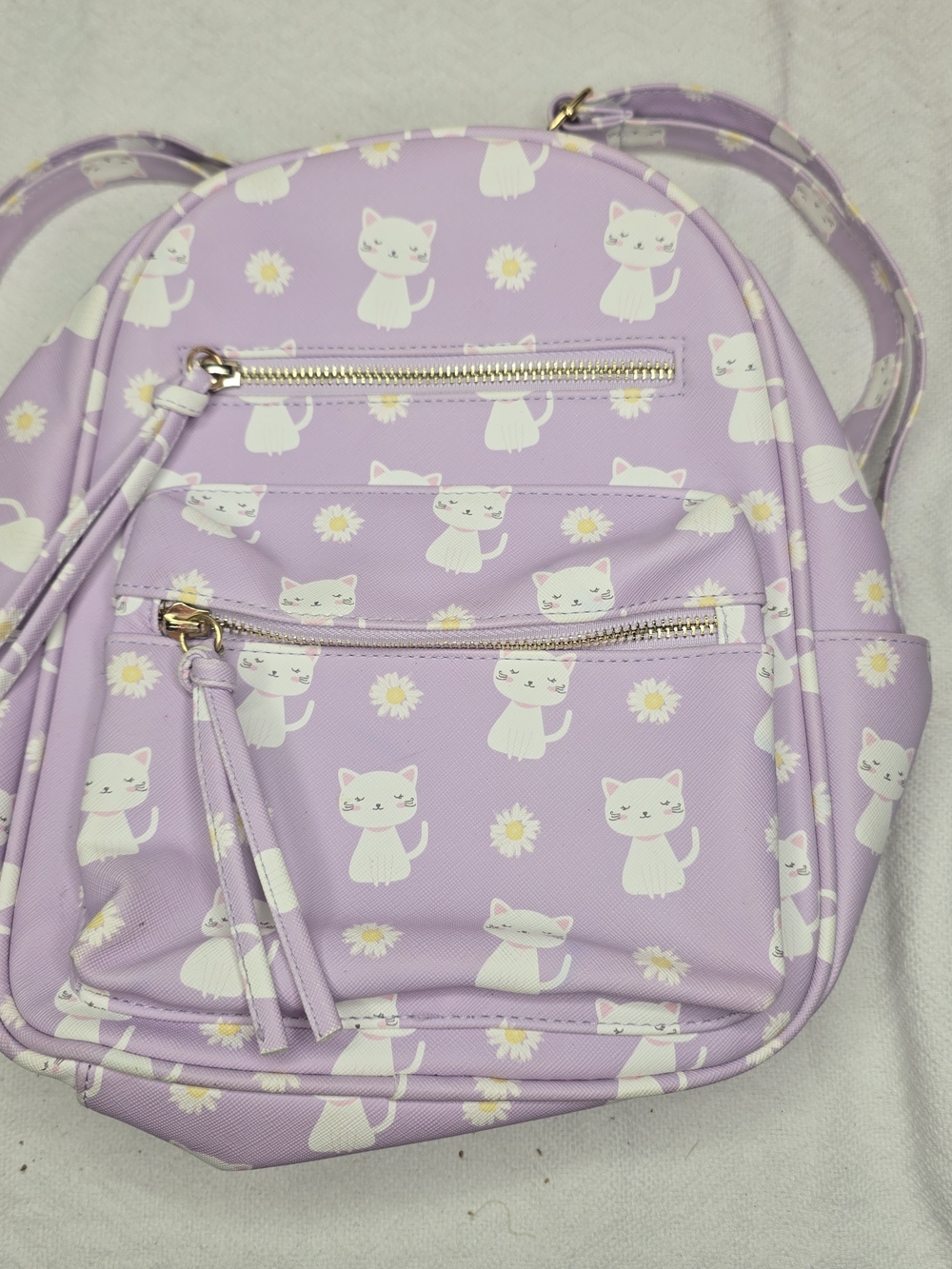 UNDER ONE SKY Cat Print Mini Backpack, Zip Pockets, Adjustable Strap, Gold